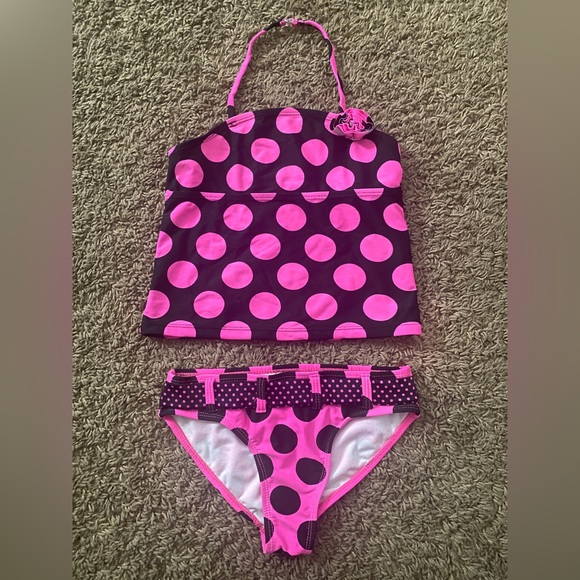 🌸 Girl’s Pink And Black Polkadot Bikini - Picture 1 of 5